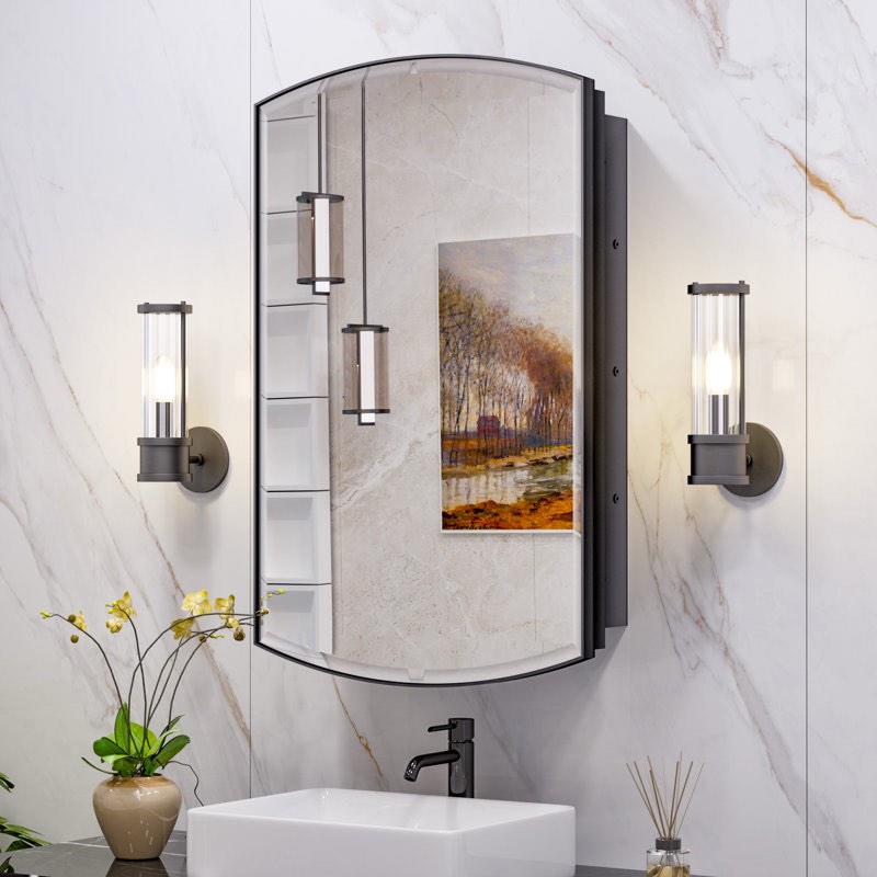 Arch Metal Framed Storage Medicine Cabinet With Beveled Mirror