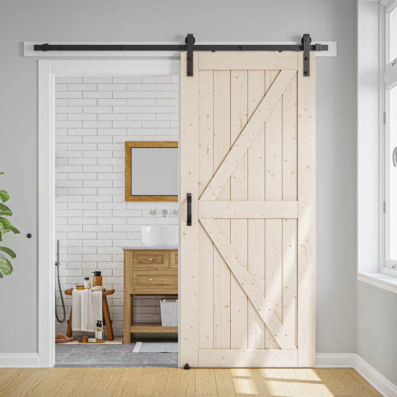 paneled solid wood unfinished barn door with installation hardware kit