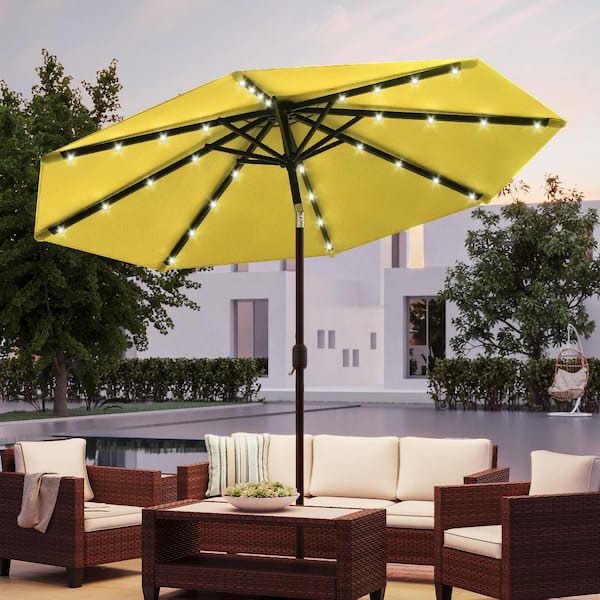 10 ft. Steel Solar Market Patio Umbrella Outdoor Table Umbrella With Tilt Button in Yellow