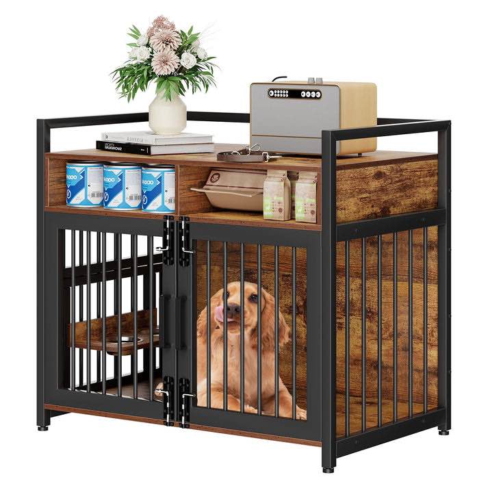 Garvee Dog Crate Furniture With 2 Drawers, Wooden Dog Kennel Indoor, Adjustable 360