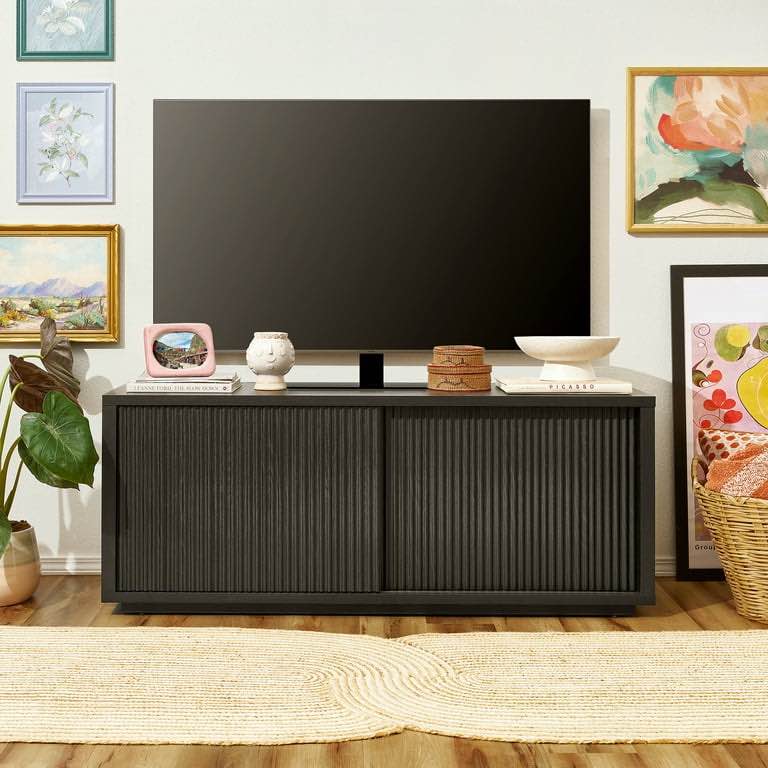 Beautiful Fluted TV Stand for TV’s up to 70” by Drew Barrymore, Rich Black Finish (Missing hardware)