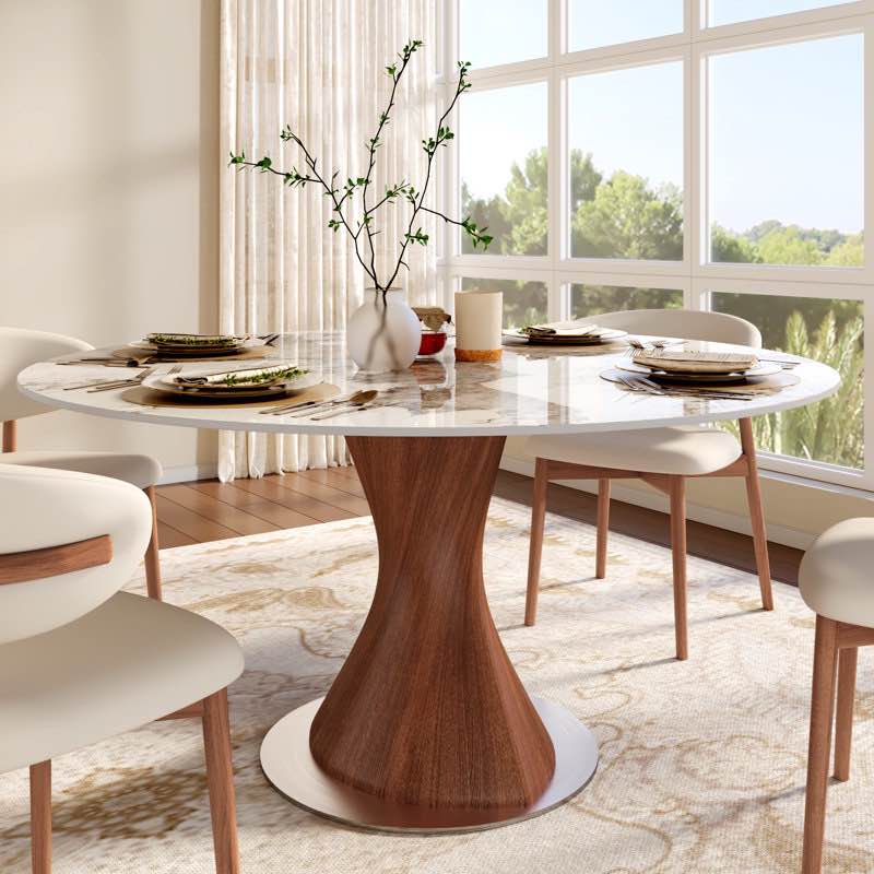 Modern Round Dining Table with Sintered Stone Top & Solid Wood Pedestal Base for 4-8 (Table top only)