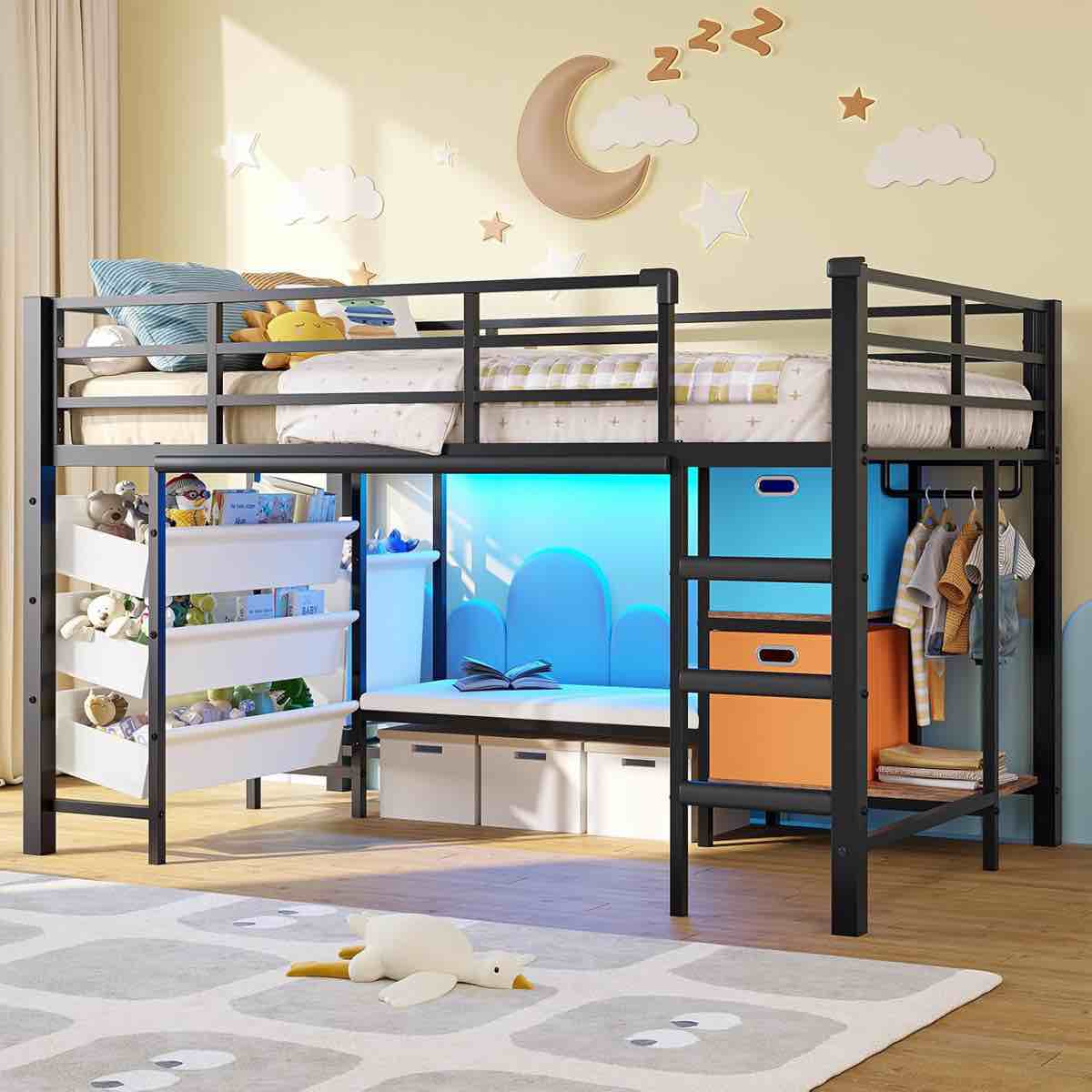 Twin Size Low Loft Bed With Led Lights,Sling Drawers And Bookshelf,Metal Twin Loft Bed With Reading Bench,Loft Bed With Storage Basket & Bins,13.98" H Safety Guardrail & Stairs, (box 1 of 2 only)