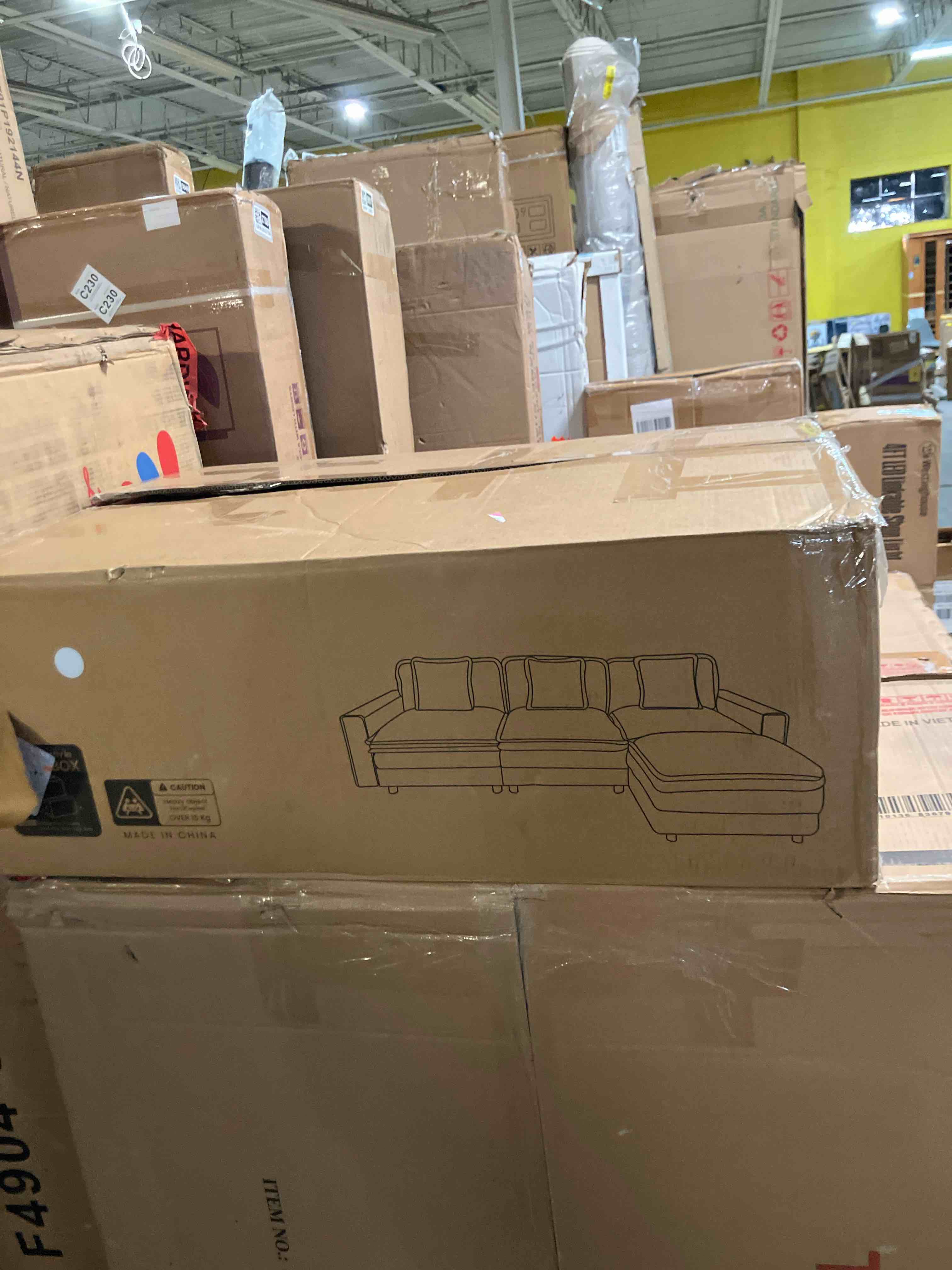 Condition photo showing As Is for Modular Sectional Sofa 107", Comfy Cloud Couch with Ottoman, Deep 4-Seat L Shaped Modular Sofa, Couches with Throw Pillows for Living Room, Light Grey (Box 3/3 missing boxes 1/3 and 2/3)