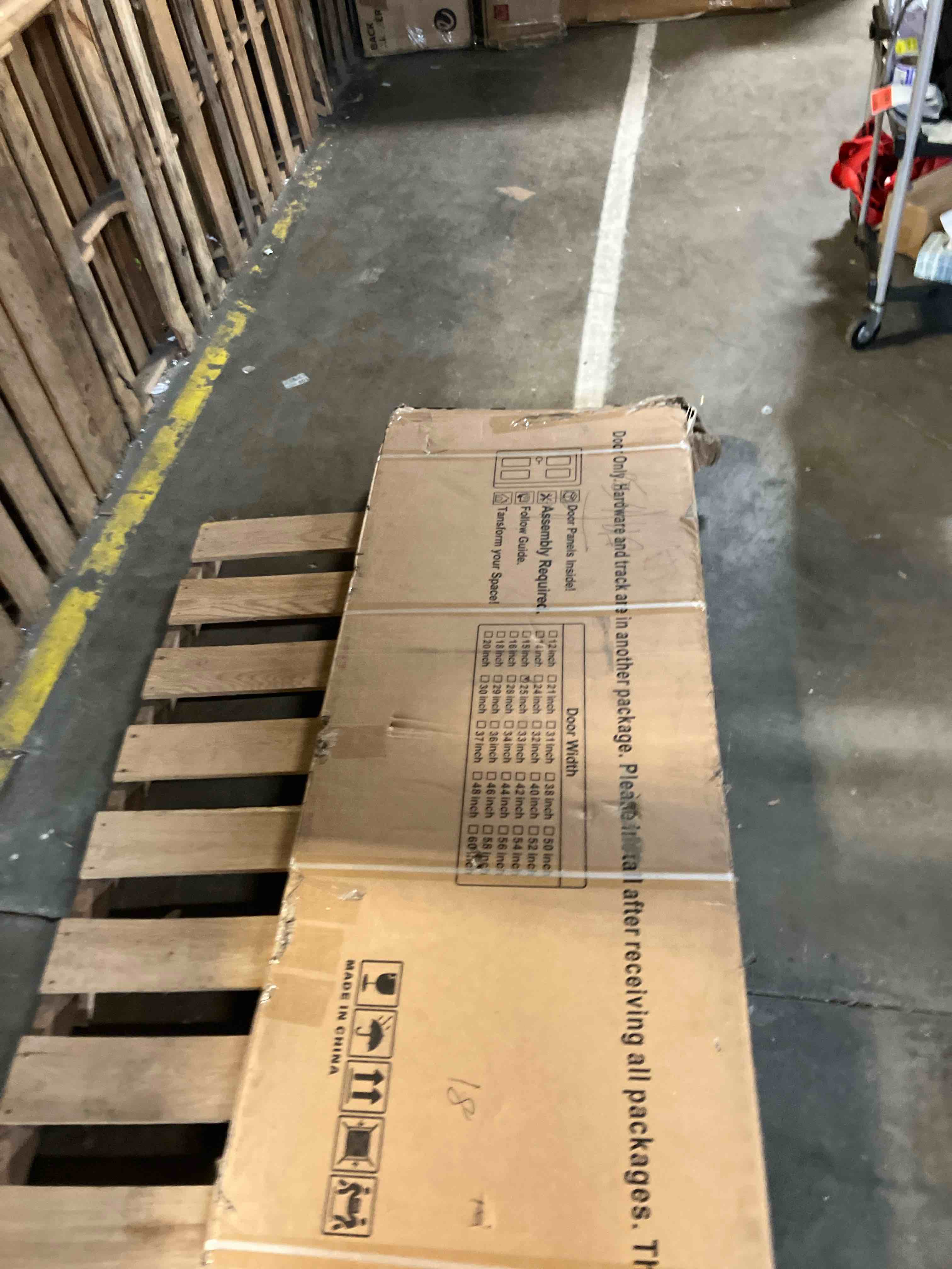 Condition photo showing As Is for 96”X80” K-Shape Paneled Manufactured Wood Sliding Closet Double Doors with Hardware Kit (Missing hardware)