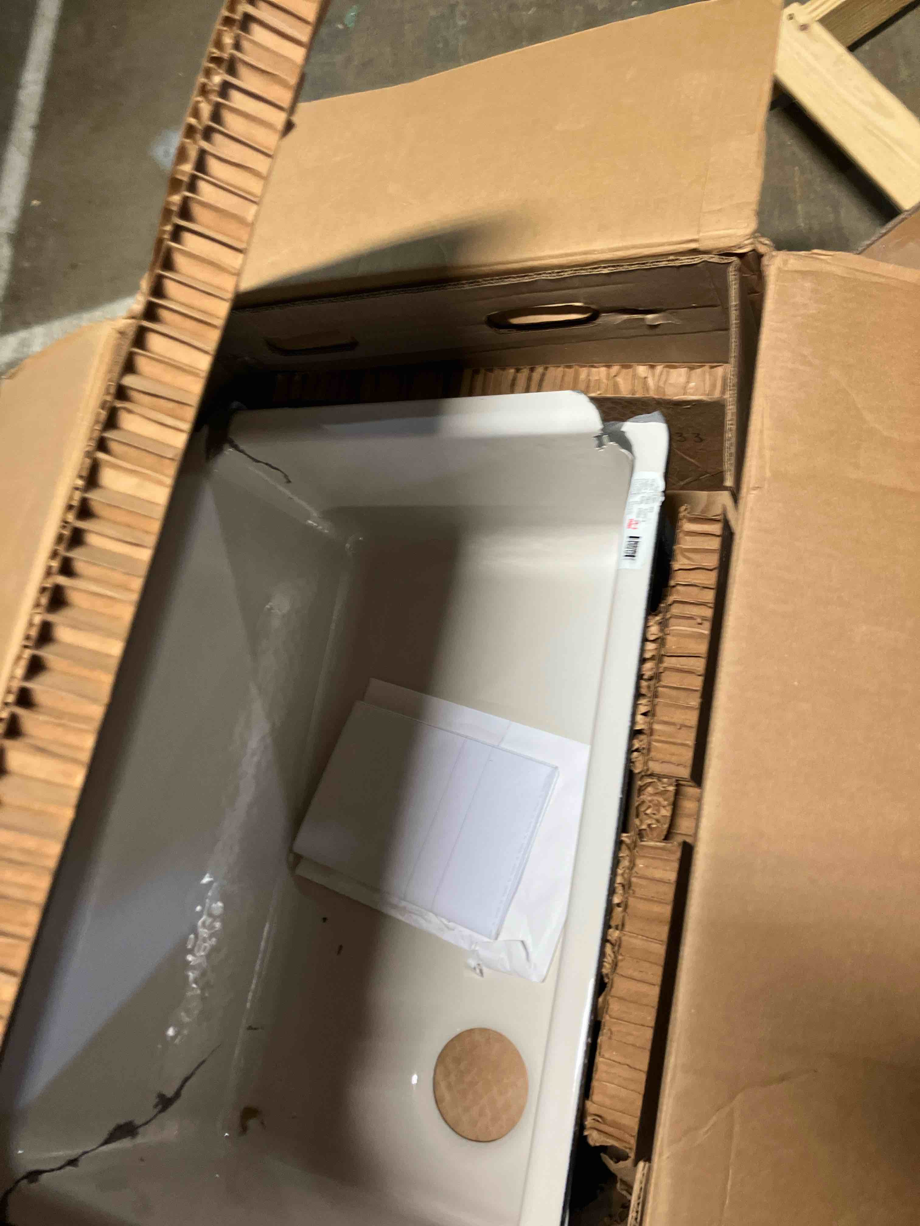 Condition photo showing As Is for KOHLER Whitehaven® 32-3/4" Farmhouse Self-Trimming Undermount Single-Bowl Kitchen Sink Undermount, Kitchen Sinks with Tall Apron, K-5827-NY, Dune