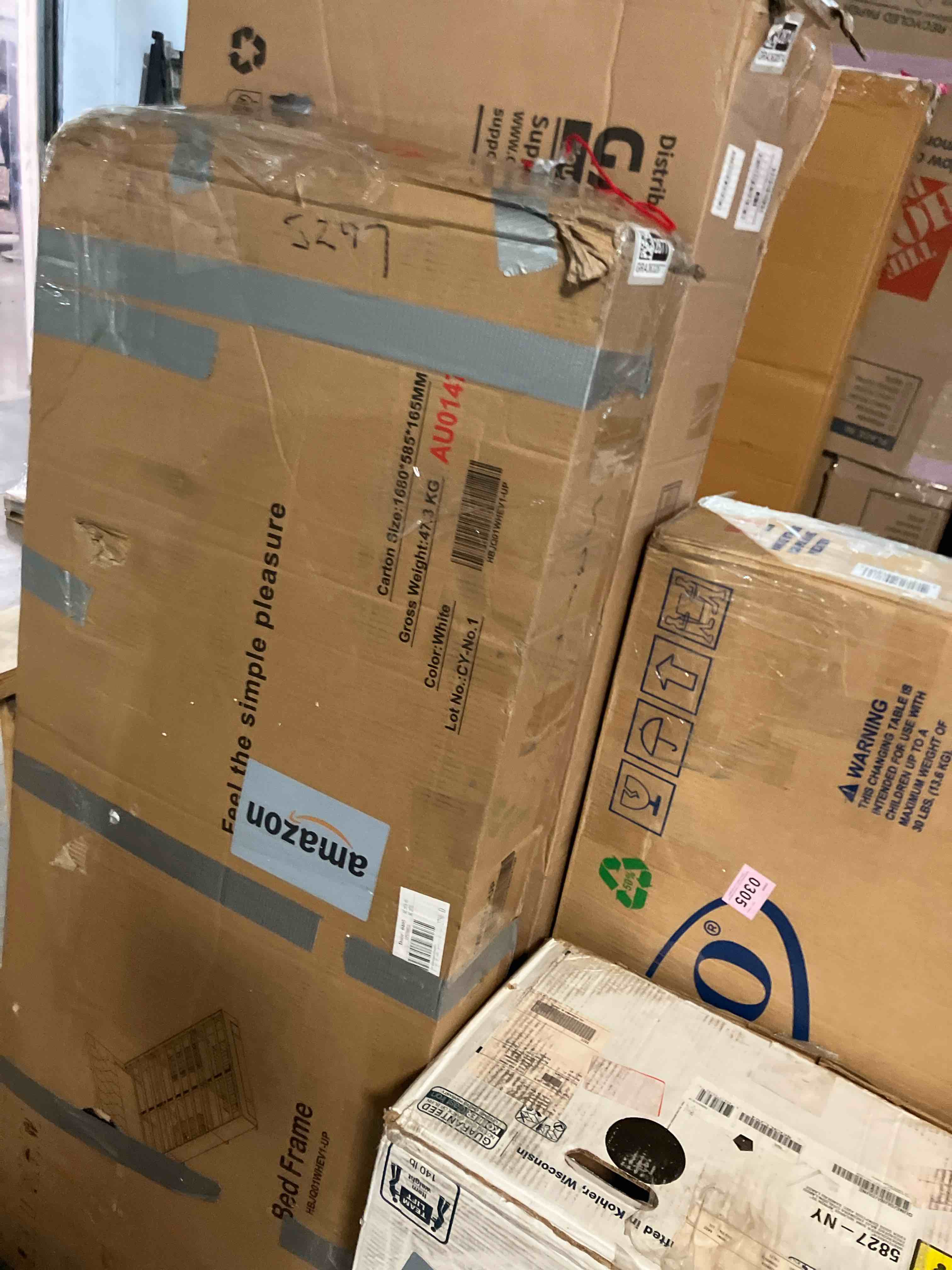 Condition photo showing As Is for Upholstered Bed with Storage-3 Drawers, White Metal Frame Queen Platform Bed with Faux Leather Tufted Headboard (Missing hardware)