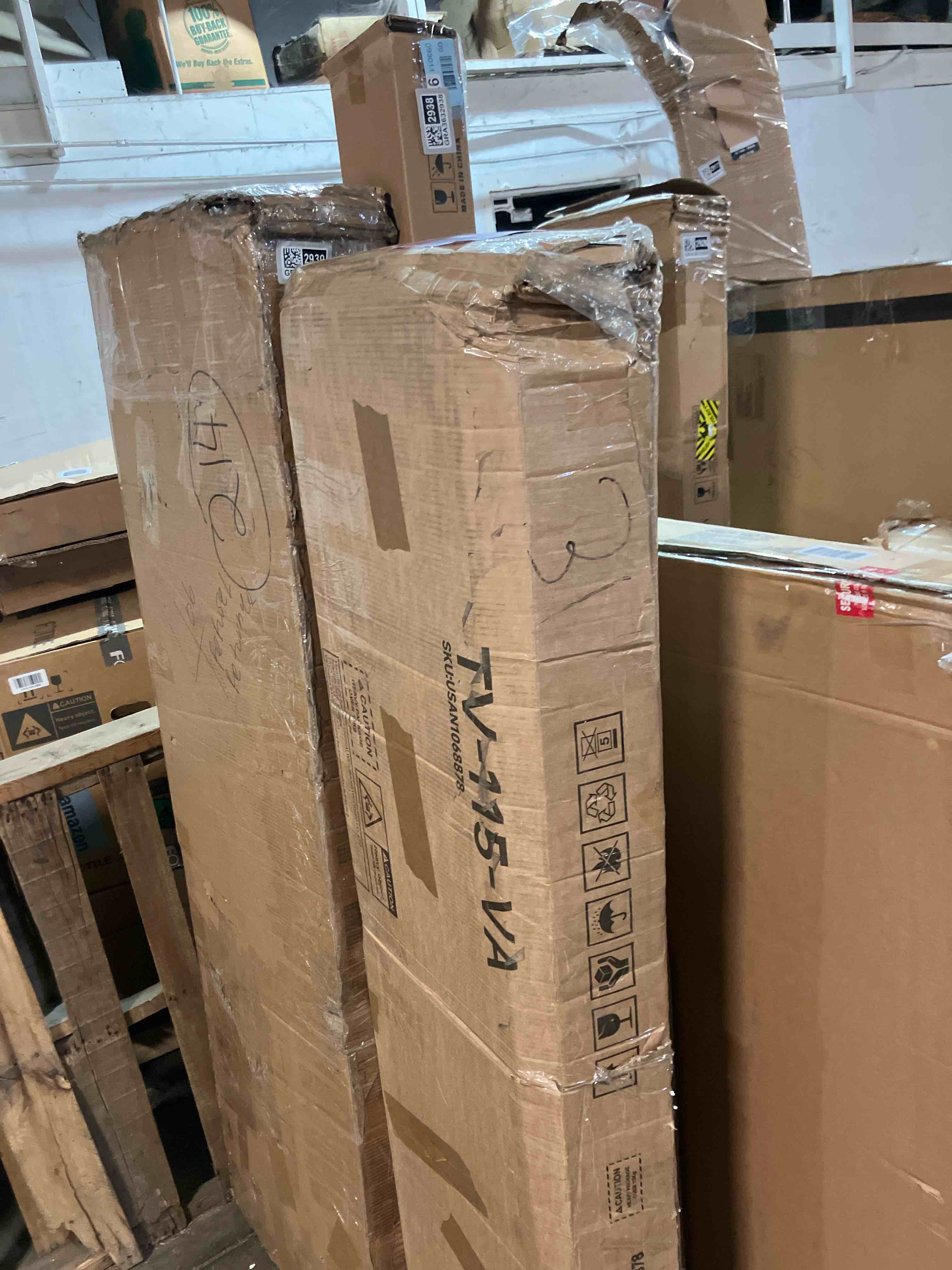 Condition photo showing As Is for Jalonda Modern Wood TV Stand with Storage and Shelves to Fit TVs Ebern Designs (Missing hardware)