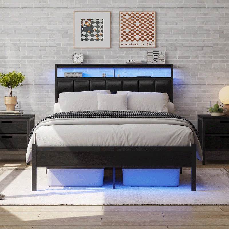 full size bed frame with charging station and led lights, black upholstered headboard with 2-tier storage shelves, metal bed frame with headboard, no box spring needed, easy assembly,black