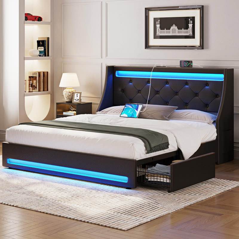 komor upholstered storage bed with charging station and led lights full