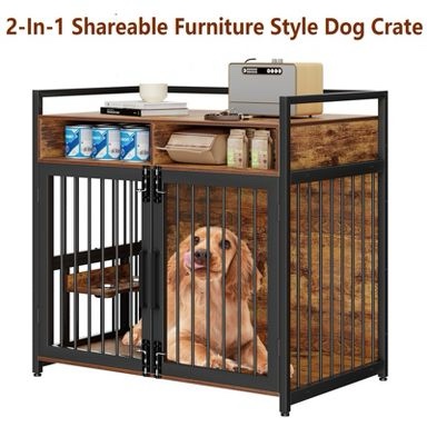 large dog crate furniture, 48 inch wooden dog crate, heavy duty dogs kennel with 2 drawers storage, 360¡ã adjustable raised feeder (incomplete box 2/2)