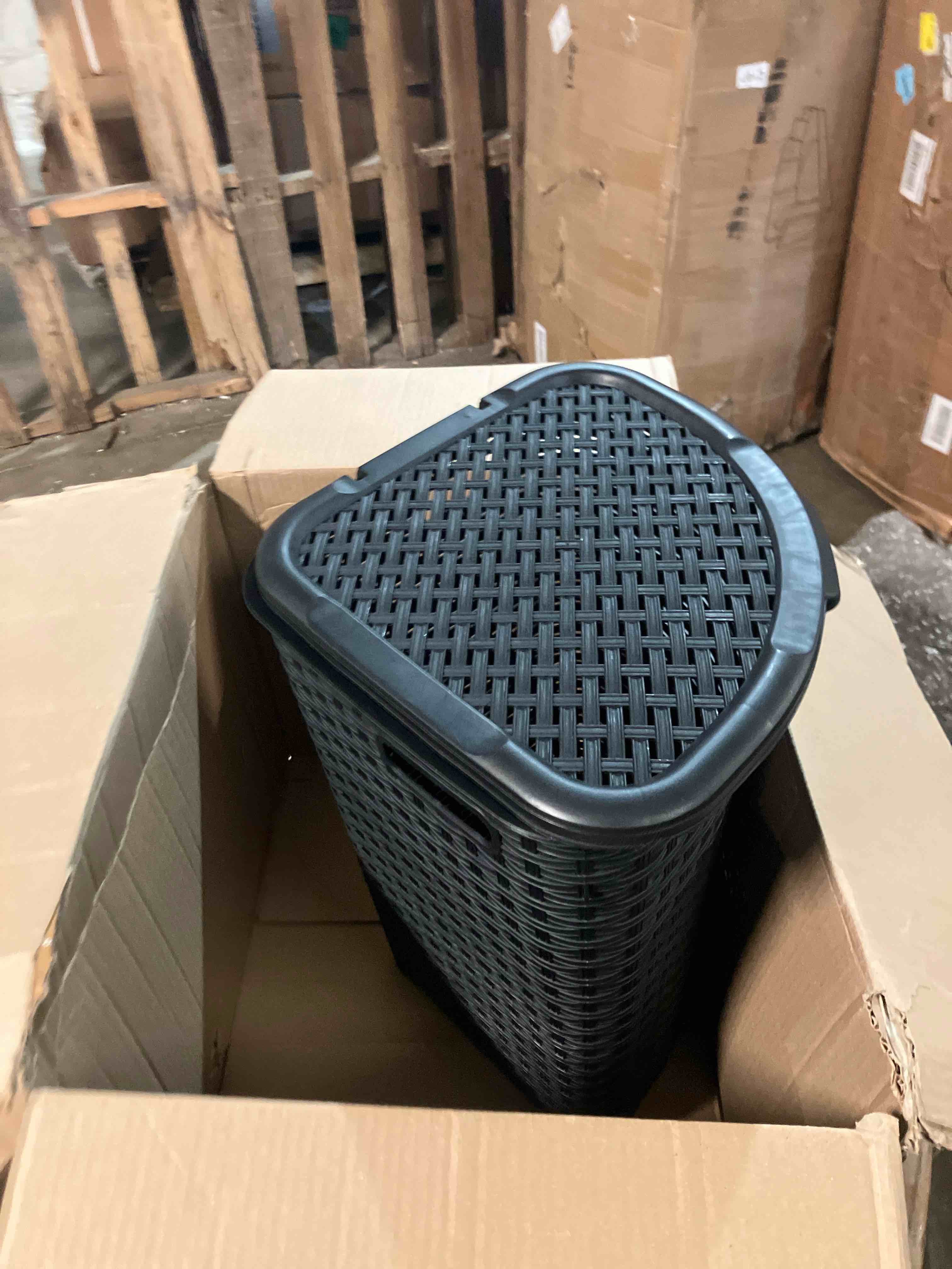 Condition photo showing New/Like New for Mind Reader 60L Slim Laundry Hamper, Clothes Basket, Lid, Wicker Design, Plastic, 17.65"L x 13.75"W x 24.15"H, Black