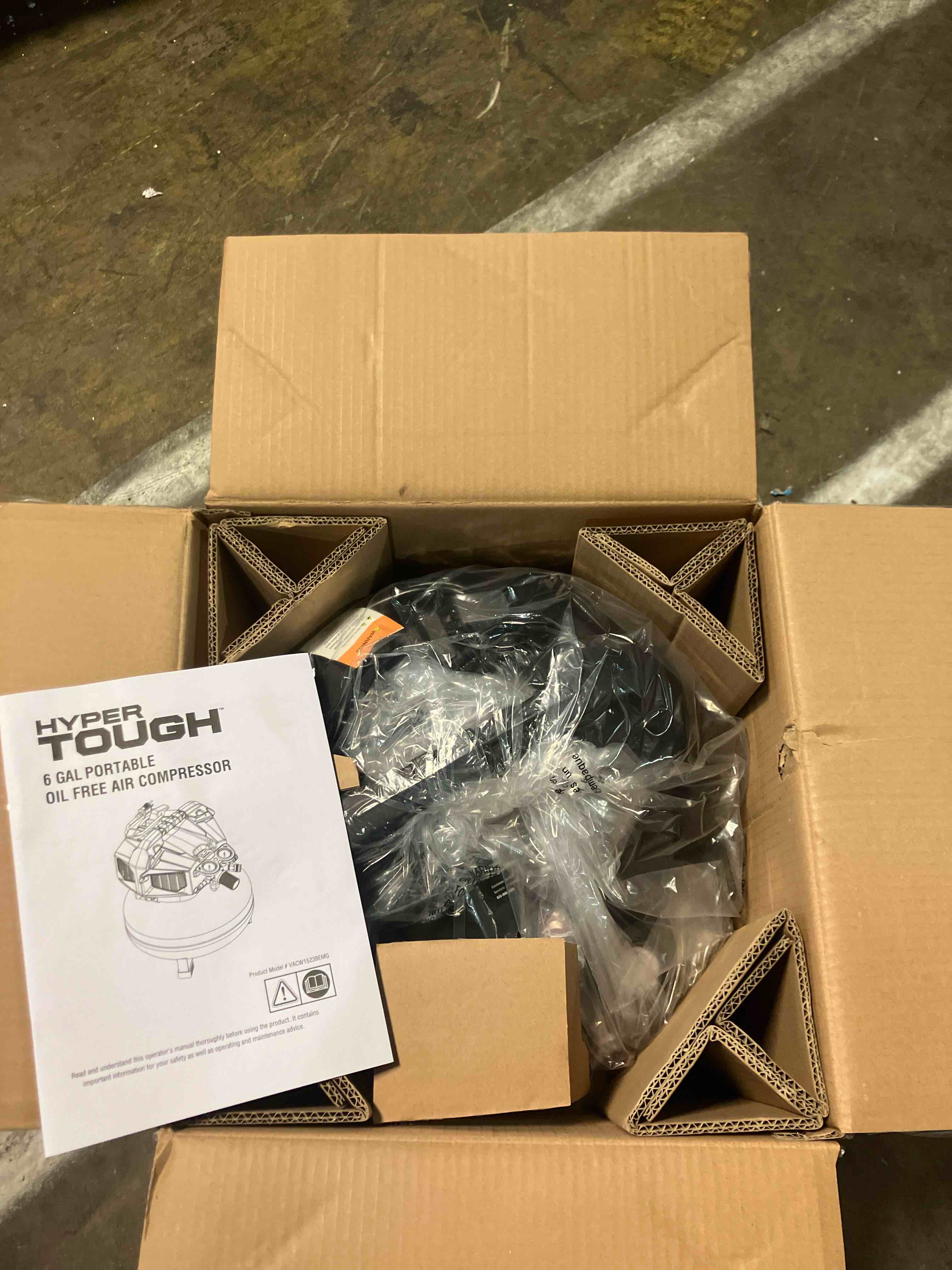 Condition photo showing New/Like New for Hyper Tough 6 Gallon Oil Free Pancake Air Compressor  150 PSI  Black