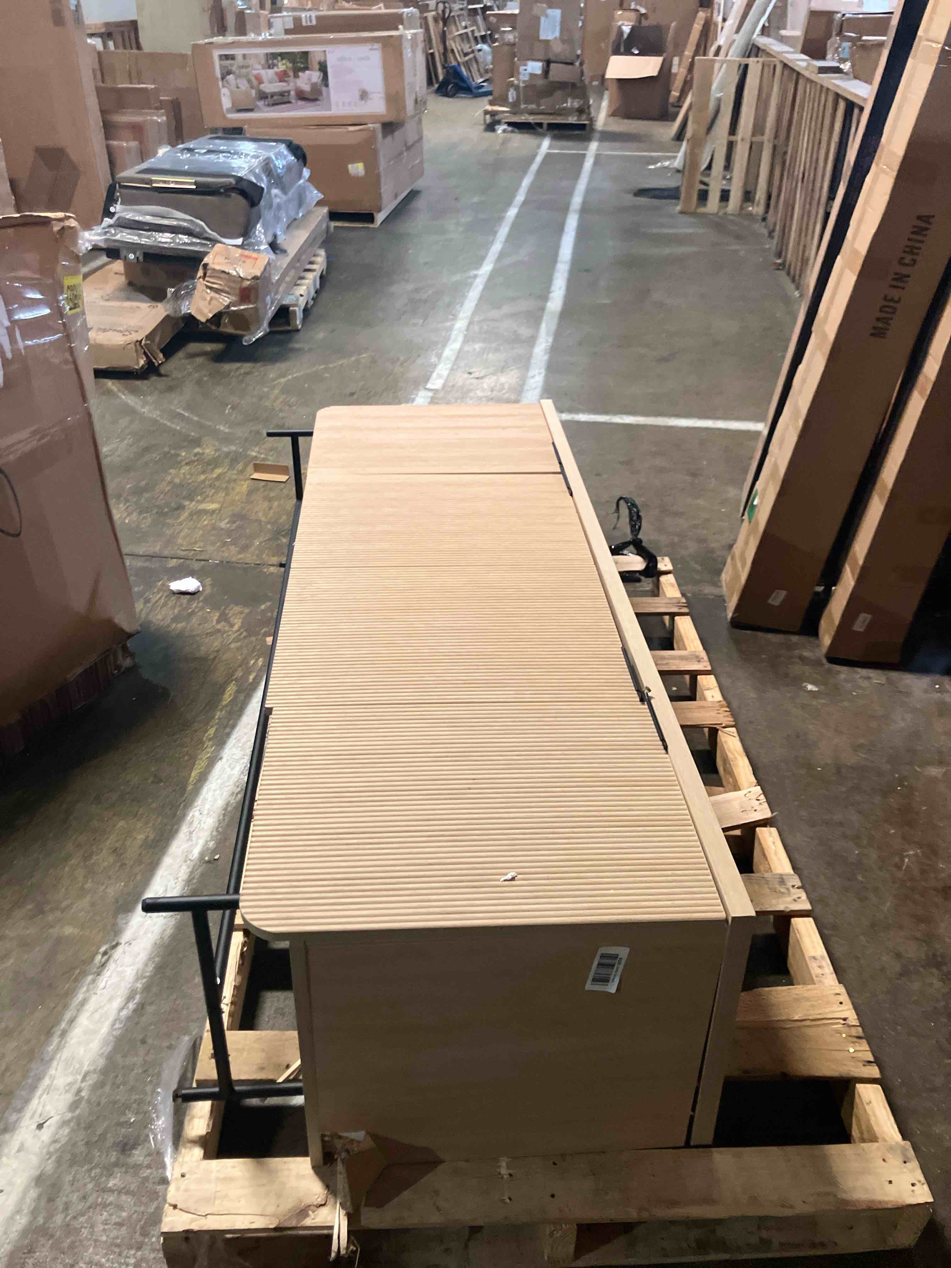 Condition photo showing As Is for Walker Edison Reema Fluted 4-Door Kitchen Sideboard Buffet Console, 69 Inch, Coastal Oak Coastal Oak/Black 69 Inch (Has damage) 