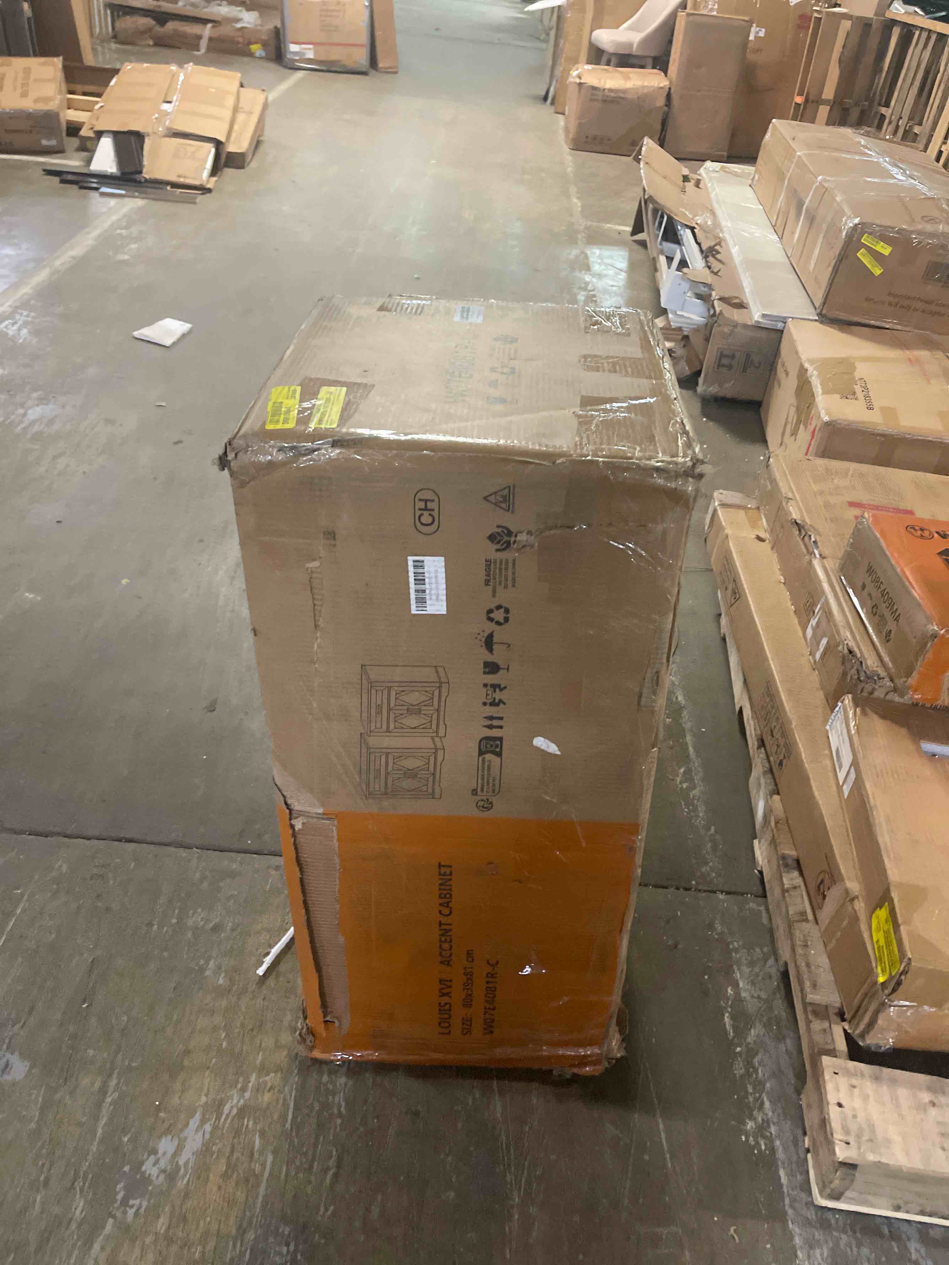 Condition photo showing As Is for Laziza Mid-Century TV Console - Smooth Curved 9-Drawer Center With Vintage Barn Door Bookcases & 5 Display Shelves For 60" Tvs