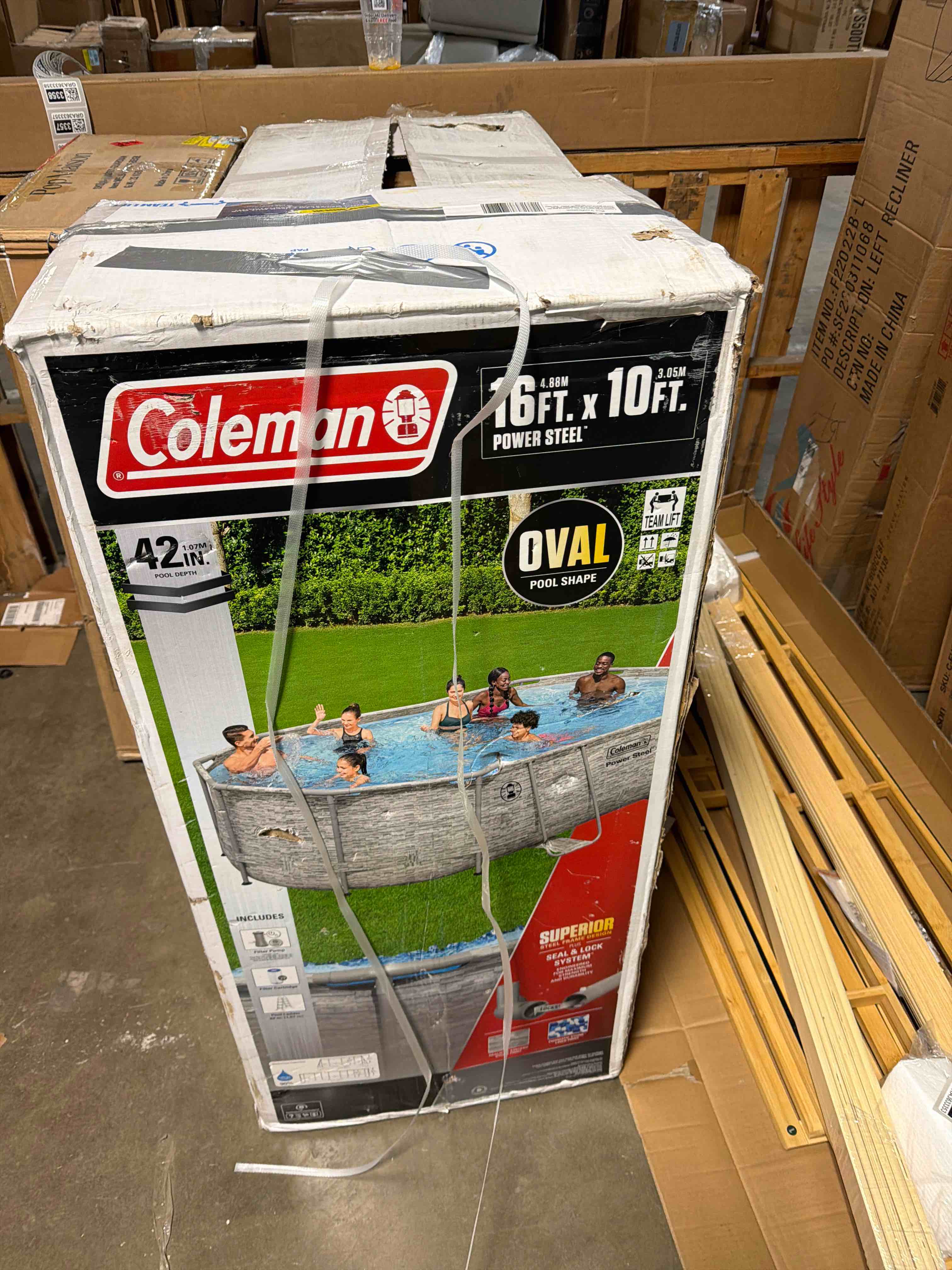 Condition photo showing As Is for Coleman Power Steel 16 ft. x 10 ft. x 42 in. Oval Metal Frame Above Ground Pool Set