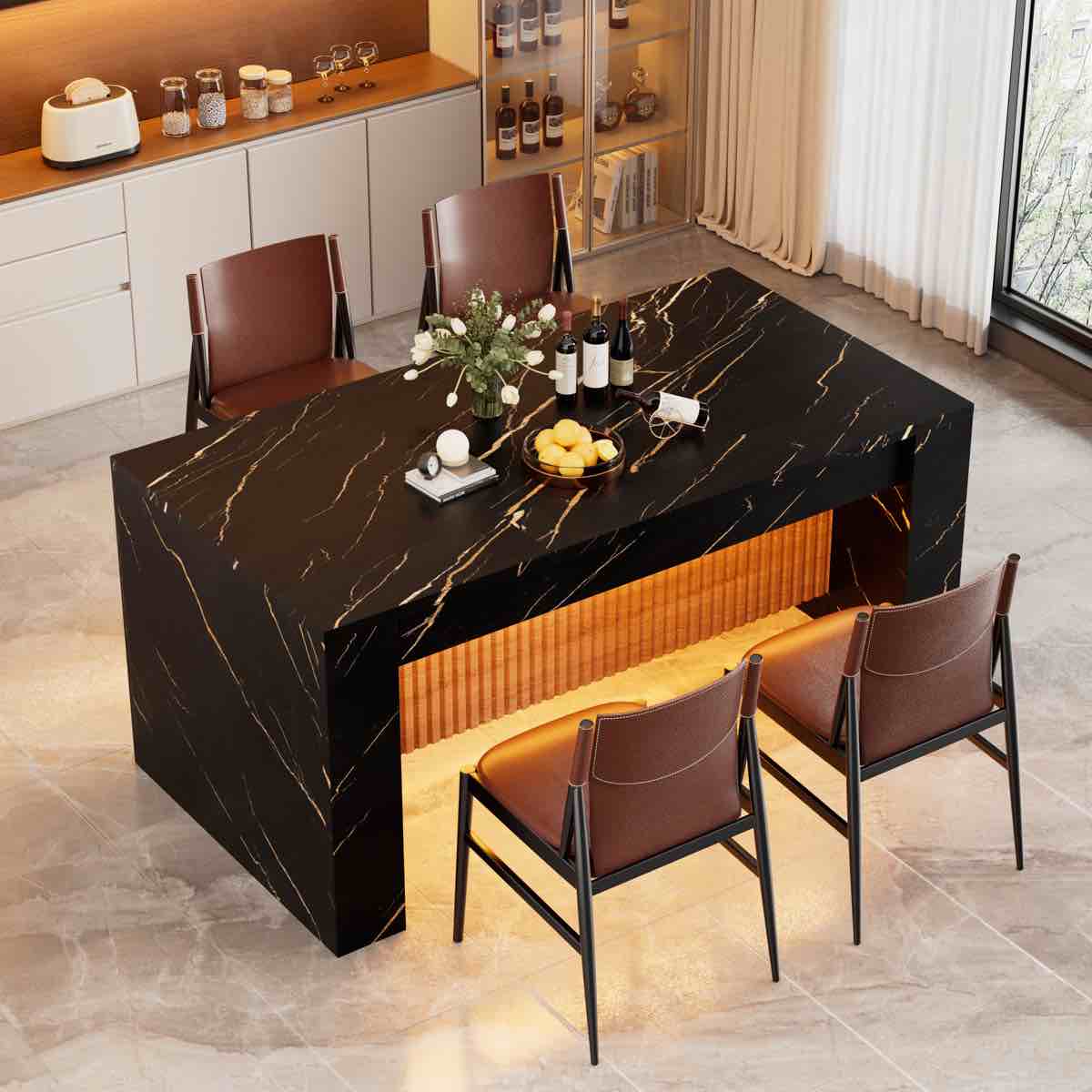 63" Rectangular Imitation Marble Dining Table For 4-6 People, Modern Kitchen Island Table With Led Lights And Grille Design