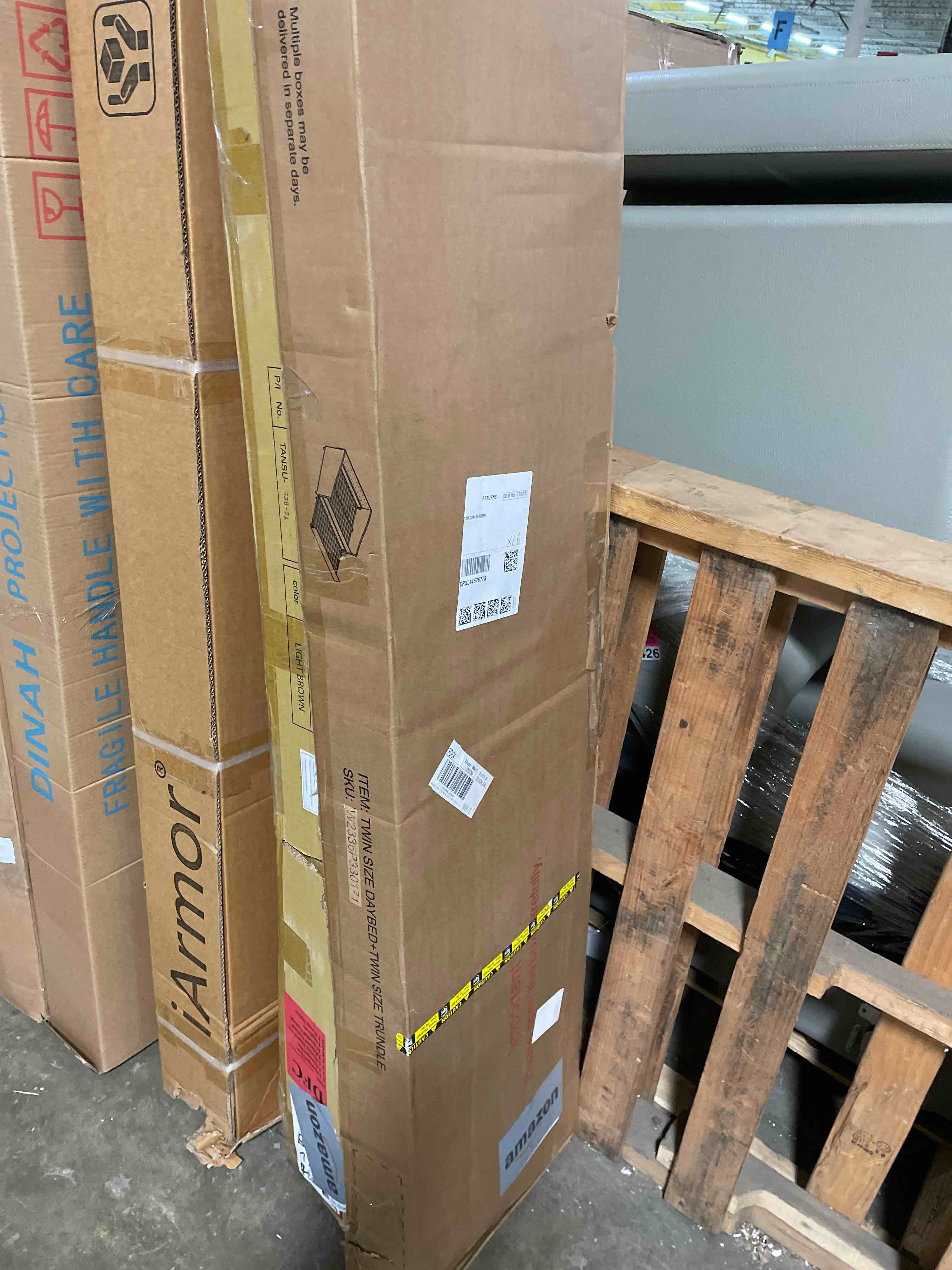 Condition photo showing As Is for upholstered daybed with trundle, twin size day bed w/button-tufted back and piping on waved-shape arms for bedroom or guest room, no box spring required, dark gray (incomplete)