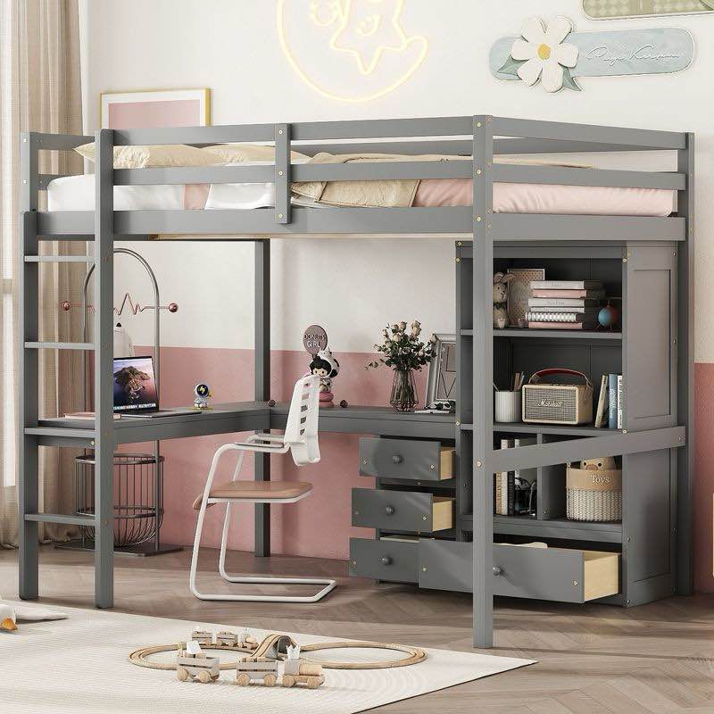 full size loft bed with desk for kids teens , wooden high loft bed with drawers and shelves, gray