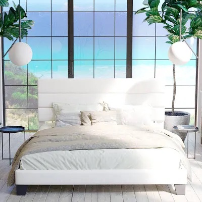 elison platform bed with fabric upholstered headboard and wooden full