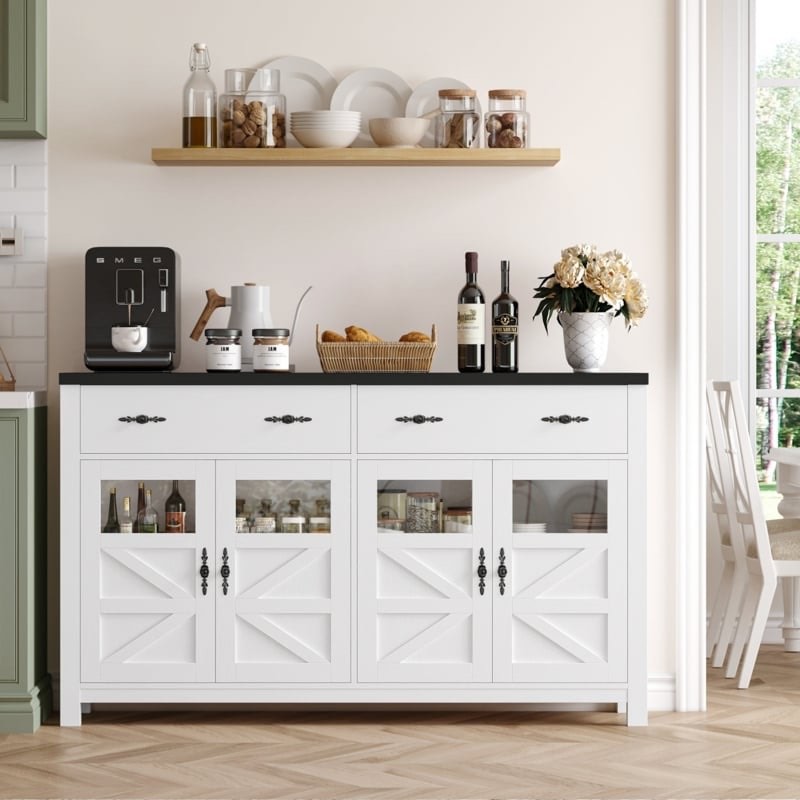 Almus 55'' Sideboard with 4 Glass Doors, 2 Large Drawers and Adjustable Shelves