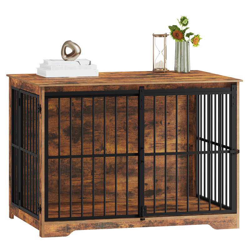 XL Large Dog Crate Furniture, Indoor Dog Kennel Furniture with Barn Door, Wooden Tall Dog Crate, Heavy Duty Dog Cage for Large Dogs, Side End Table, Anti-Chew