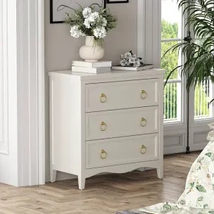 farmhouse fully-assembled white 3-drawer dresser chest, vintage nightstand with bronze metal ring handles
