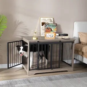 furniture style dog crate, heavy-duty dog kennels with sliding barn door, wooden dog house for small/medium/large dogs, end side table, tv stand