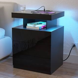 Chappa Manufactured Wood Nightstand with Wireless Charging Station, LED Lights and 3 Drawers