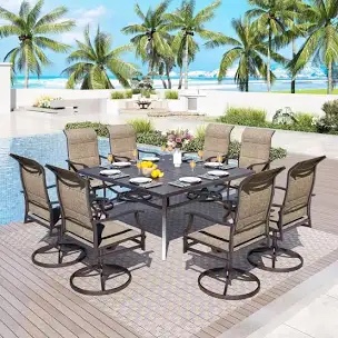 Brown 9 Piece Patio Dining Set, Outdoor Dining Table And Chairs Set For 8, 8 Swivel Chairs, 1 Iron Rectangular Table With Adjustable Umbrella Hole, Patio Furniture Set For Deck, Backyard, Lawn, Poolside, Brown/gray/blue