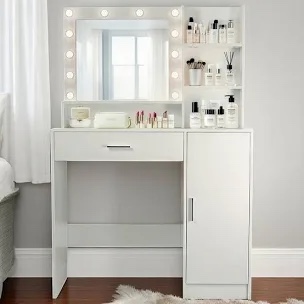 Borko Makeup Vanity With Lights,Vanity desk with Mirror and Power Outlet,Dresser Table with Drawers and Open Shelves