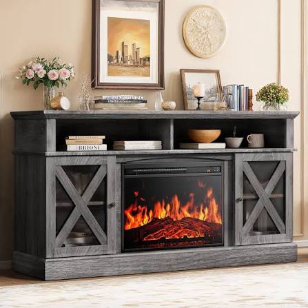 jinora tv stand for tvs up to 75" with electric fireplace included, farmhouse tv console & entertainment center