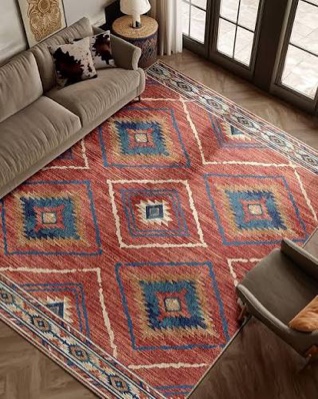 8x10 Area Rugs, Washable 8x10 Rug, Non Slip Floor Carpet, Low Pile Water Repellent, Ultra Soft Faux Wool Vintage Moroccan Rugs for Living Room Bedroom Indoor-Red/Orange