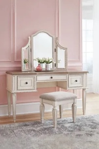 signature design by ashley realyn traditional cottage 3 drawer vanity set with dovetail construction, mirror & stool included, chipped white, distressed brown