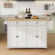 58"W Kitchen Island with Two Large Storage Cabinets And Drawers, Locking Wheels