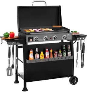 Royal Gourmet 30-Inch 4-Burner Gas Griddle with Hood, Tabletop Gas Griddle with Removable Standing Cart, Black