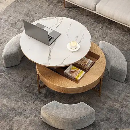 Bulverde Lift Top Extendable Frame Coffee Table with Storage 3 Stools, Stainless Steel Legs