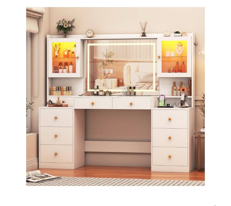 62" Vanity Desk With Lighted Mirror, Tempered Glass Top, Power Outlet, 9 Drawers, And 2 RGB Lighted Cabinet