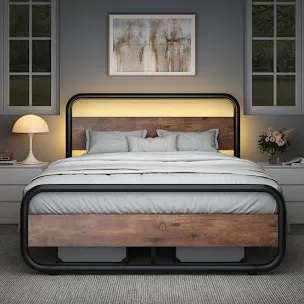 Metal Bed Frame with LED Headboard and Footboard, Rustic 
