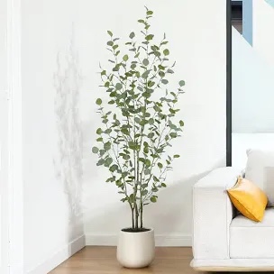 74" Faux Eucalyptus Plant In White Pot