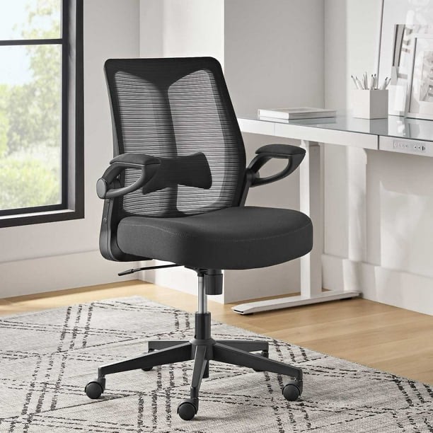 Office Chair Ergonomic Desk Chair, Computer PU Leather Home Office Chair, Swivel Mesh Back Adjustable Lumbar Support Flip-up Arms Executive Task Chair Black 22.5x24x42