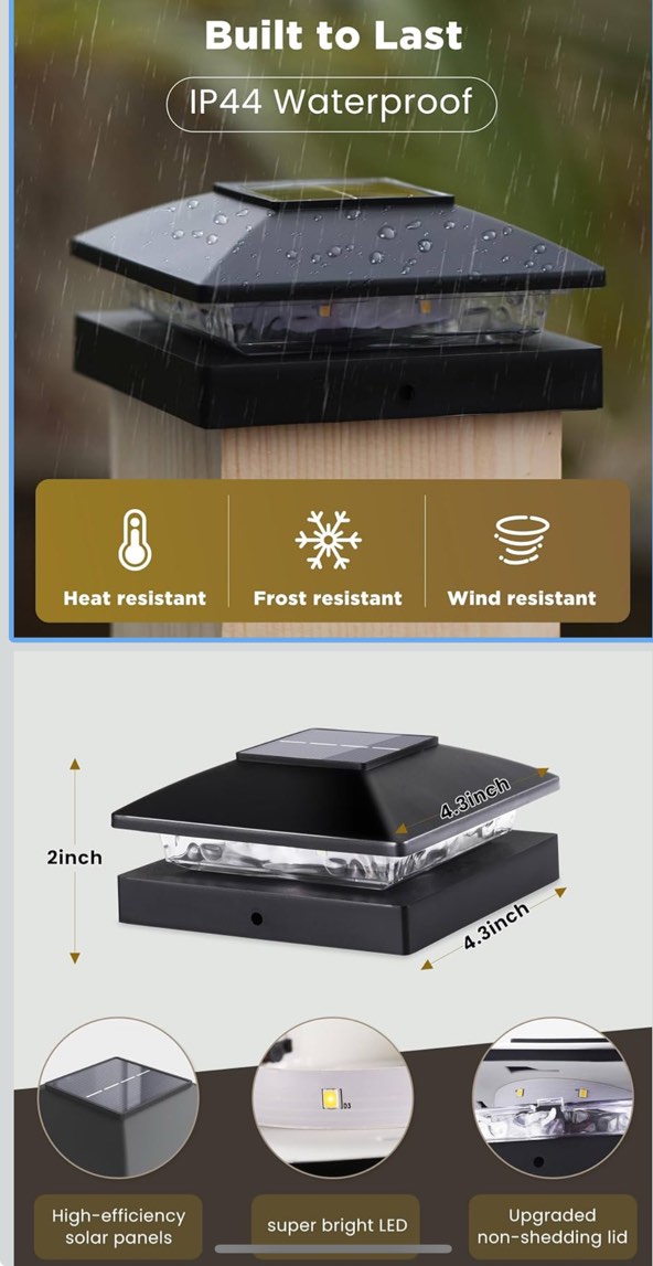 Solar Post Cap Lights Outdoor 12pack, Black Waterproof Solar Powered Deck Fence Post Lights Fit 4x4 Wood/Vinyl Posts, Bright Warm White Solar Post Lights Decorate Deck, Patio, Porch, Fence