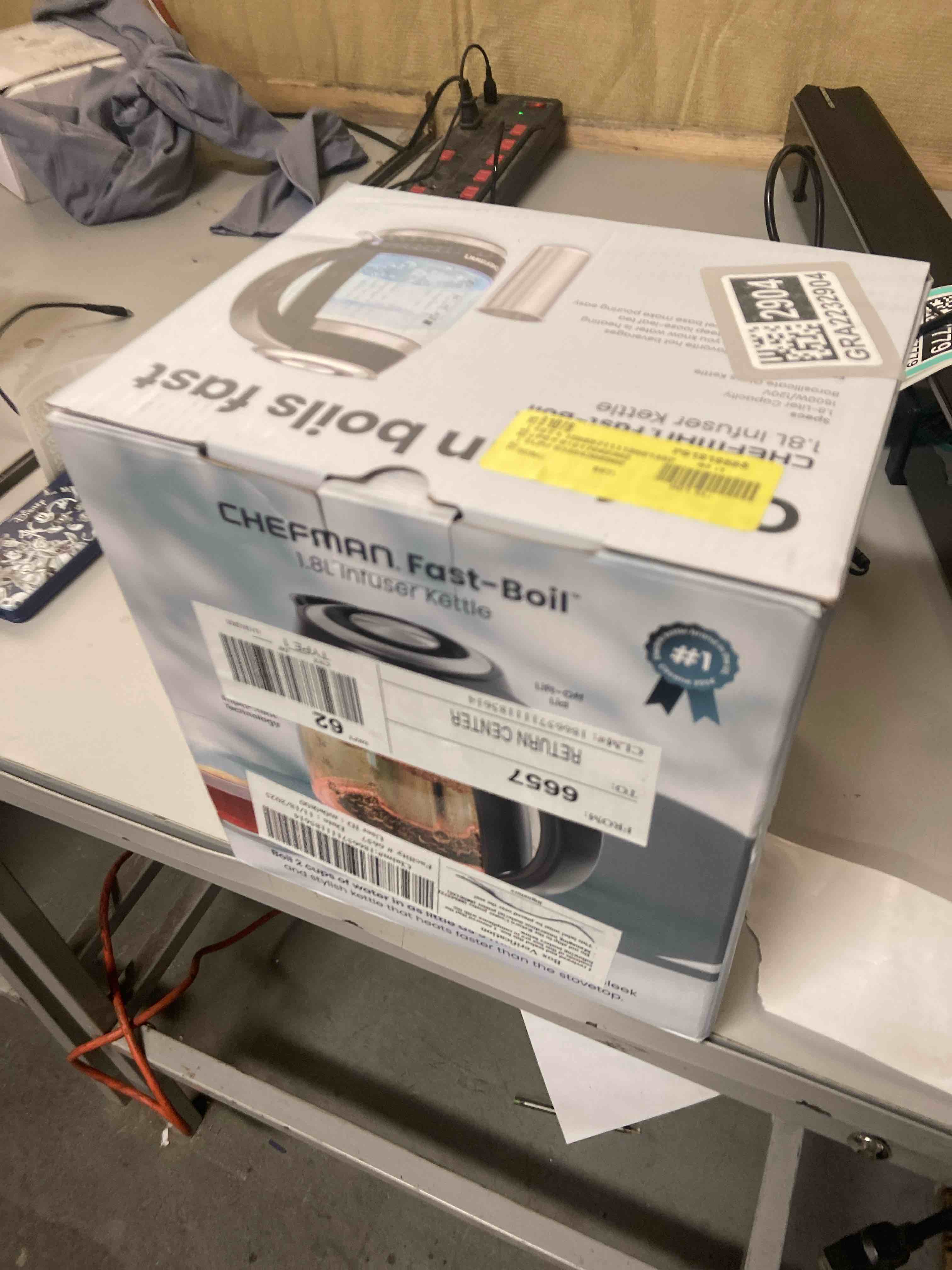 Condition photo showing New/Like New for chefman electric kettle, 1.8l 1500w, hot water boiler, removable lid for easy cleaning, auto shut off, boil-dry protection, stainless steel filter, bpa free, borosilicate glass electric tea kettle