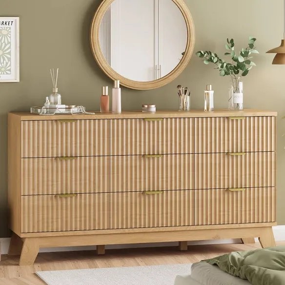 fluted 9 - drawer dresser 57"w wood wide chest of drawers with