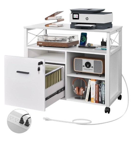 white Rolling File Cabinet With Charging Station, Locking Filing Cabinet For 