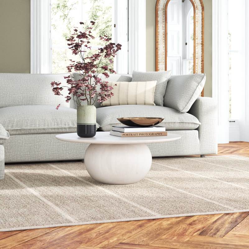 Iver Modern Whitewashed Acacia Wood Coffee Table, Round Smooth Table Base and 3” Thick Table Top