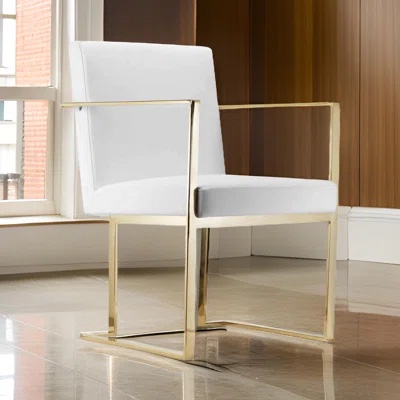 Pangea Home Dexter Modern White Vegan Leather Arm Chair with Gold Metal Leg Base, Set of 2