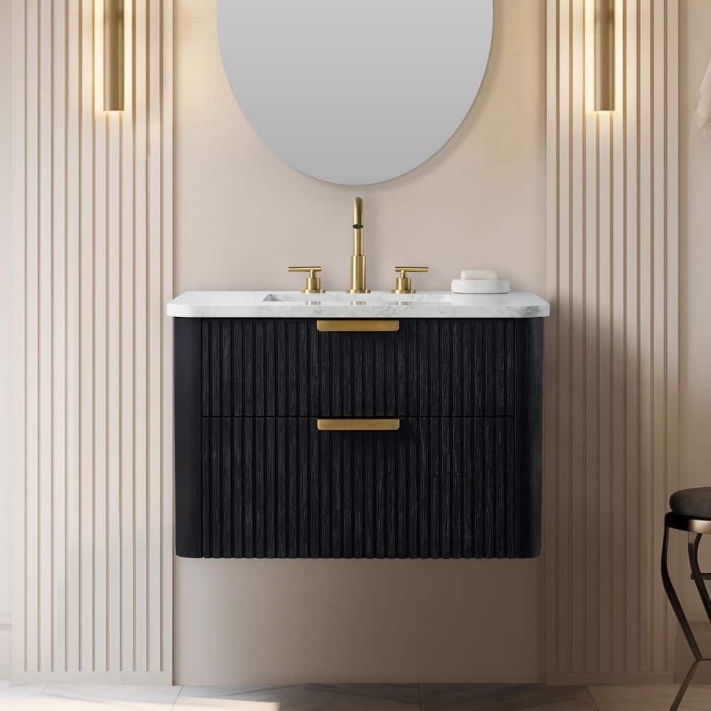 Warren 30 in W x 20 in D x 34 in H Floating Bath Vanity in Black Oak with Arabescato White Engineered Stone Top, Gold Brushed Handles and Sink Drain. One pull down drawer, one large drawer. Product Depth (in.) 20.00 in Product Height (in.) 20 in Product Width (in.) 30 in