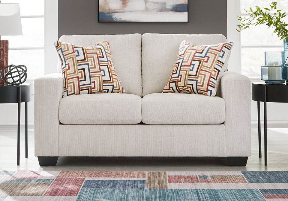Aviemore Stone 2 Seater Beige Polyester Love Seat with Faux Wood Feet in Espresso, Accent Pillows included, 62? W x 37? D x 37? H