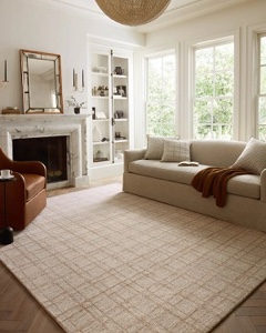 Chris Loves Julia x Loloi Polly POL-10 CJ KHAKI / SAND Area Rug, 7’9”x9’9”, Beige Hand tufted Wool Rug with Grid Stripes in Peach